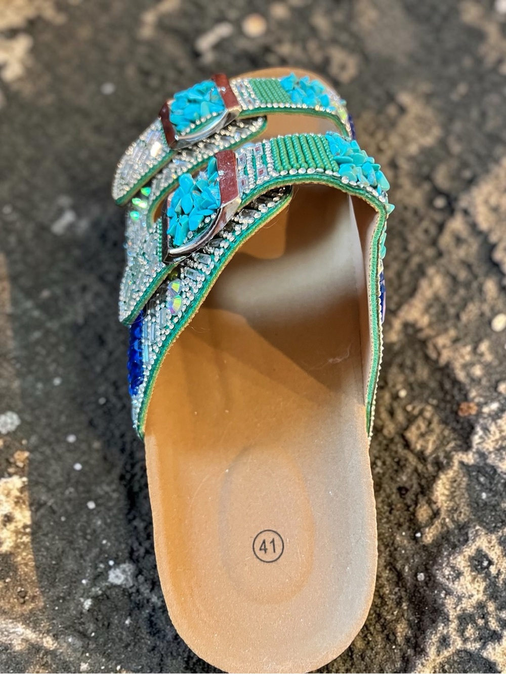 Women’s Turquoise, Blue &Green with Sparkle Accents Double-Buckle Slide Sandals - Picture 4 of 10